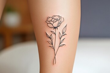 Delicate rose tattoo blooming on woman's leg