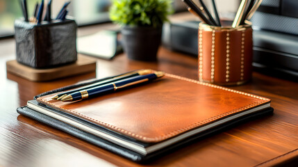 of a leather office tray with a pen holder, notebook, and business cards, with a modern laptop in the background 