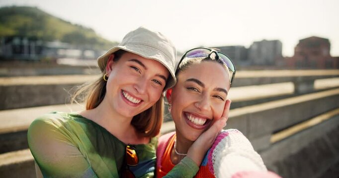 Selfie, social media and hug with people in city for , influencer, trendsetter and streaming. Post, profile picture and portrait with group of gen z friends for subscription, viral and photography