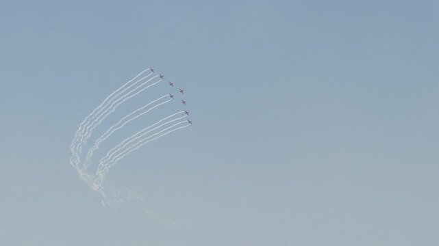Maneuvering HAWK aircraft of Surya Kiran Aerobatic Team (SKAT), IAF Agency. Aero India 2025 Air Show at Yelahanka Air Force Station.