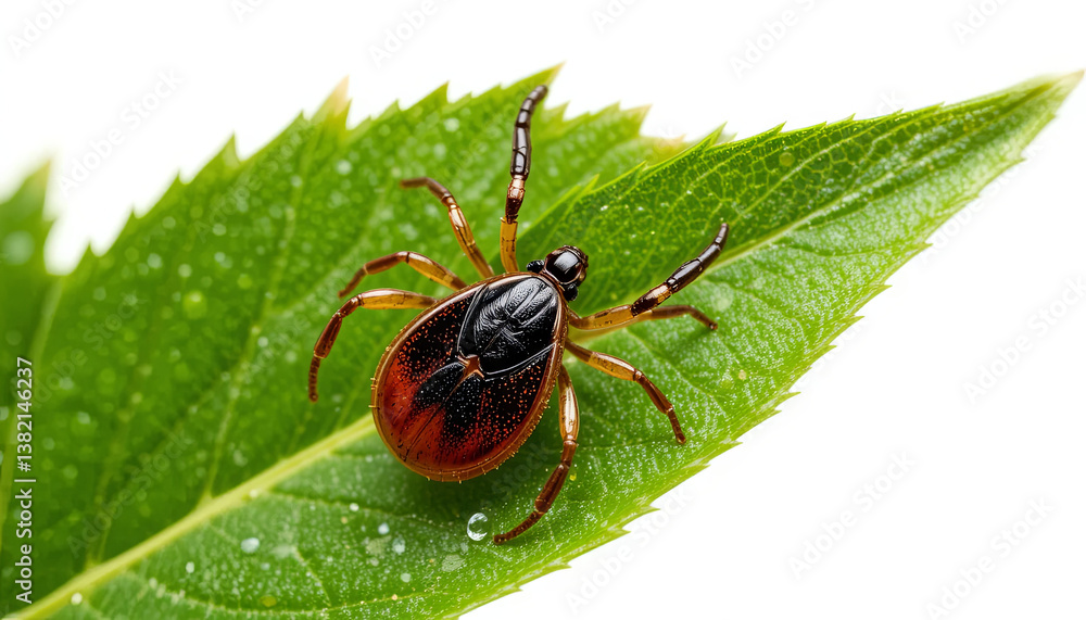 Poster a tick is perched on a vibrant green leaf, displaying its unique coloration and features. the image 