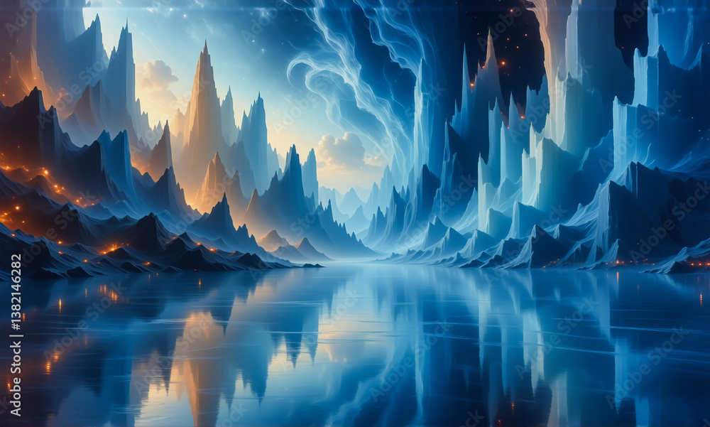 Poster a stunning landscape with jagged mountains reflecting in serene water under a dramatic sky with cont