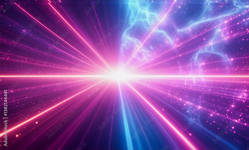 Poster bright light radiates from the center with pink and blue lines and abstract shapes, creating a futur