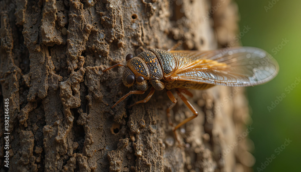 Aufkleber a cicada clings to the rough bark of a tree, showcasing its intricate body patterns and wings. the s