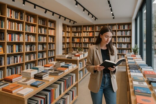Modern bookstore with reader