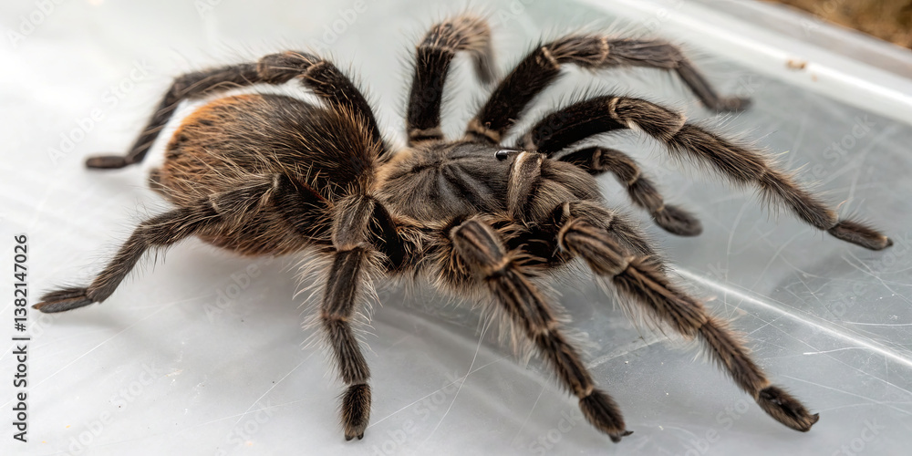 Poster a tarantula with dark hairs and distinct markings crawls on a smooth surface. its legs spread wide a