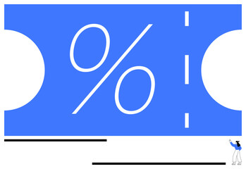 Blue ticket featuring a bold percentage sign symbolizes discounts and offers. Tiny figure emphasizes accessibility and engagement. Ideal for sales, coupons, promotions, financial benefits, deals