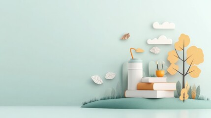 Pastel colored books and supplies on a hill