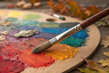 "A richly textured shot of a painter&rsquo;s palette showcasing thick strokes of colorful oil paints, with a single brush dragging through the paint, creating a beautiful blend of hues."