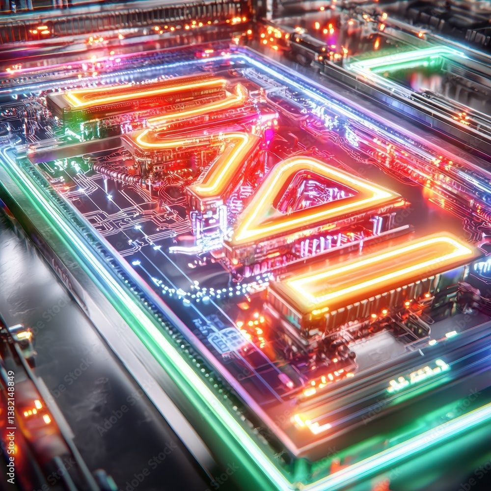Poster dynamic neon circuitry display futuristic tech lab digital art vibrant environment close-up view inn