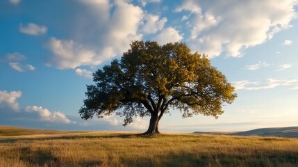 Fototapeta premium Large oak tree standing in a field under a cloudy sky at sunset