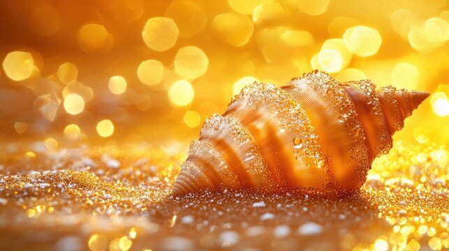 Golden seashell, bokeh background
