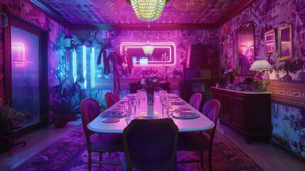 Retro-chic dining room with vintage chairs, neon lights, and patterned wallpaper 