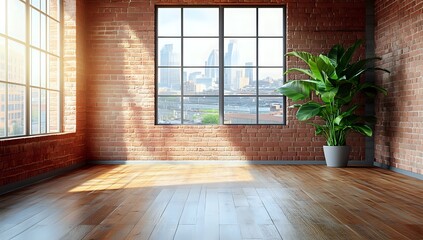 Fototapeta premium Sunlit Loft Apartment with Brick Walls and City View