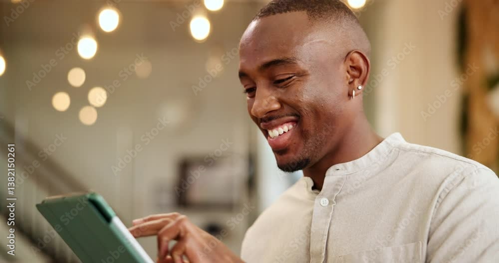 Aufkleber office, black man and smile with tablet for web designer, software update and scroll for information