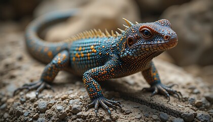 Fototapeta premium Colorful Lizard Walking on Rocky Ground in Detailed Closeup Nature Shot