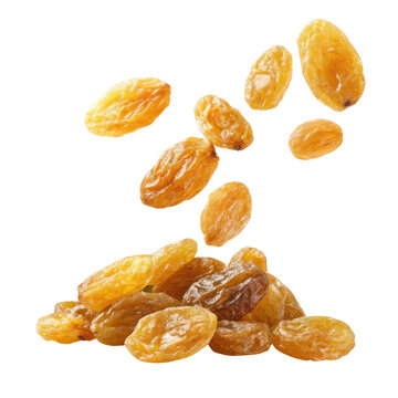 Golden raisins falling from above onto pile, showcasing their natural sweetness and texture. Perfect for healthy snacks or baking
