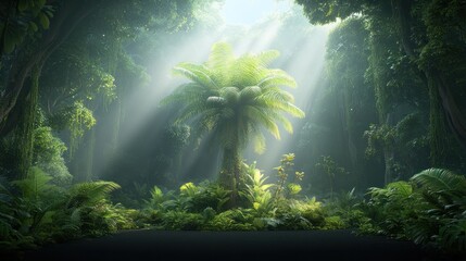 Obraz premium Sunlight streams through jungle canopy