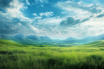 Obraz premium Green Field Landscape with Mountains and Cloudy Sky in Background