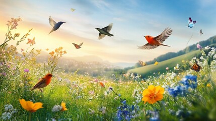 A symphony of nature, birds and butterflies dancing over a vibrant meadow