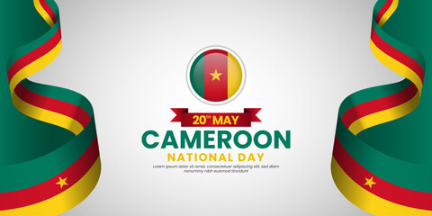 Cameroon national day banner background with realistic ribbon flag design with blank space area