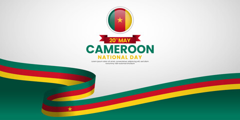 Cameroon national day banner background with realistic ribbon flag design with blank space area