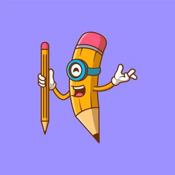 Cute Pencil Holding Pencil Cartoon Illustration. Study icon concept. Flat cartoon style