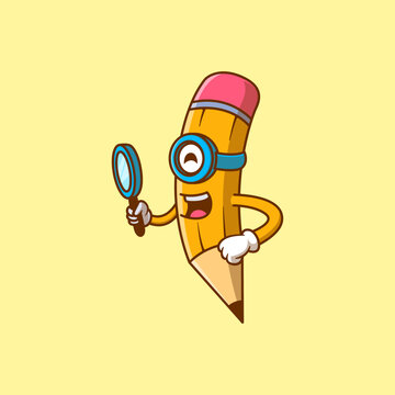 Cute Pencil Holding Magnifying Glass
 Cartoon Illustration. Study icon concept. Flat cartoon style
