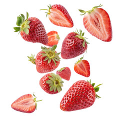Fresh strawberries in various sizes and cuts, showcasing their vibrant red color and green leaves, evoke sense of freshness and sweetness