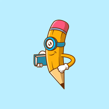 Cute Pencil Holding Book Cartoon Illustration. Study icon concept. Flat cartoon style
