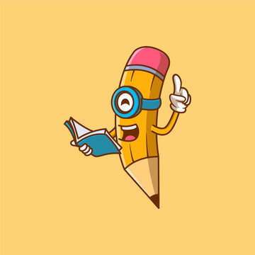 Cute Pencil Holding Book Cartoon Illustration. Study icon concept. Flat cartoon style