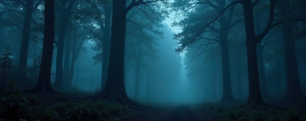 Dark forest at night with misty fog surrounding ancient trees, trees, forestland