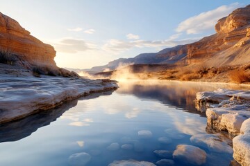 Geothermal hot spring flowing through rocky canyon at sunrise