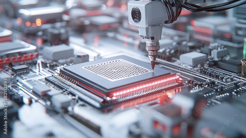Poster robotic arm assembling a microchip on a motherboard, showcasing advanced technology and automation i