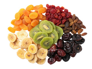 Obraz premium Dried fruits arranged in circular pattern, showcasing vibrant colors and various textures, evoke sense of healthy snacking and natural sweetness