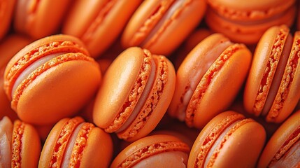 A close-up of vibrant orange macarons stacked together, showcasing their delicate texture and appealing color.