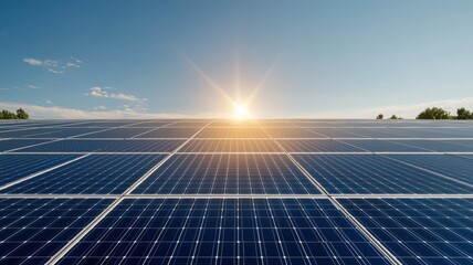 Solar panels soaking up sunlight for renewable energy, with a clear sky and sun setting on the horizon.