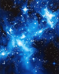 A vibrant cosmic scene featuring swirling blue hues and sparkling stars, evoking a sense of wonder and the vastness of space.