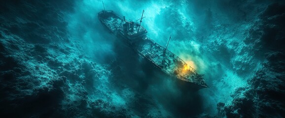 Naklejka premium Sunken ship in deep sea