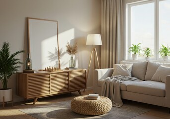 A living room with a wooden cabinet, couch, plants, and a window with natural light shining through
