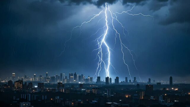 Witness the electrifying moment lightning strikes a city skyline! nature's raw power unleashed! on transparent background