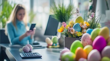 Office worker scrolling through phone at workstation decorated with seasonal Easter decorations