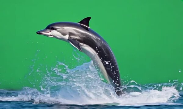 dolphin jumping out of water on green screen. 