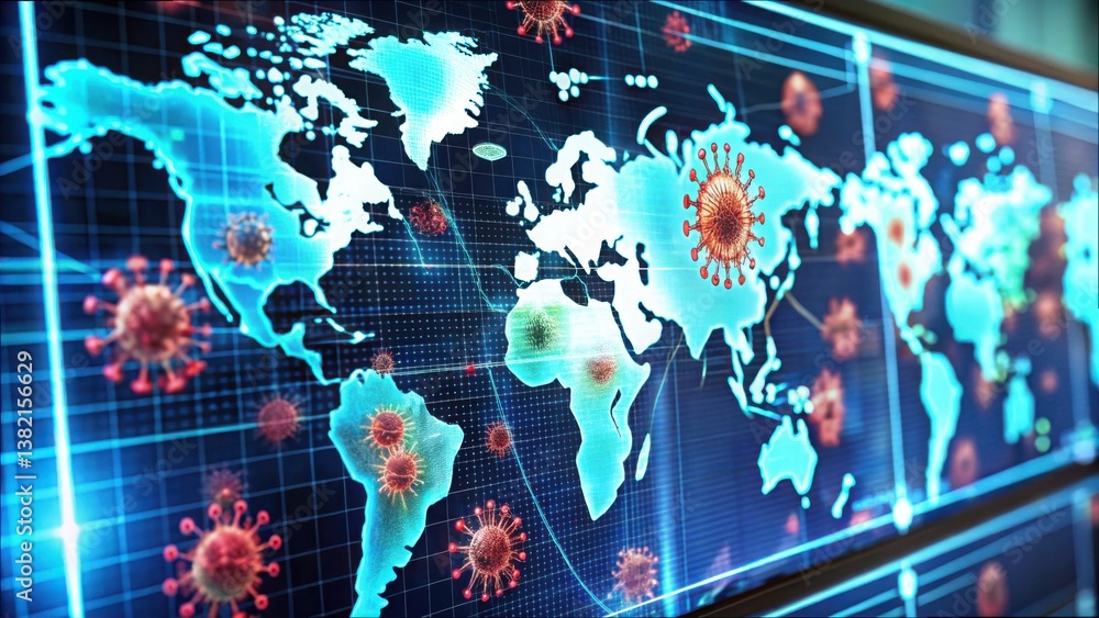 Poster Globally Connected Digital Screen Displaying Live Virus Movement Data