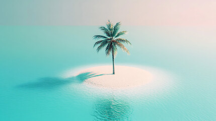 Fototapeta premium Aerial view of a minimal island with palm tree in serene tropical sea capturing nature's beauty
