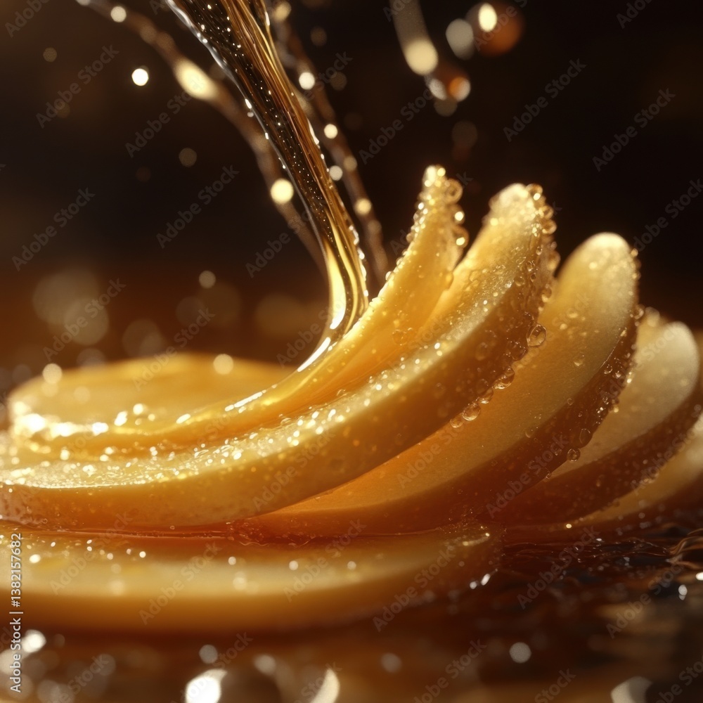 Poster a close-up of glistening honey pouring over layered golden slices, creating an appealing and indulge
