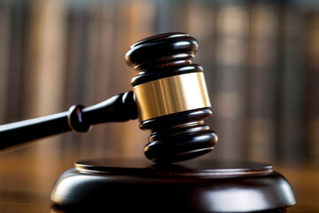 Environmental Awareness biodiversity policy concept. Gavel resting on a wooden block, symbolizing justice and authority in a courtroom setting.