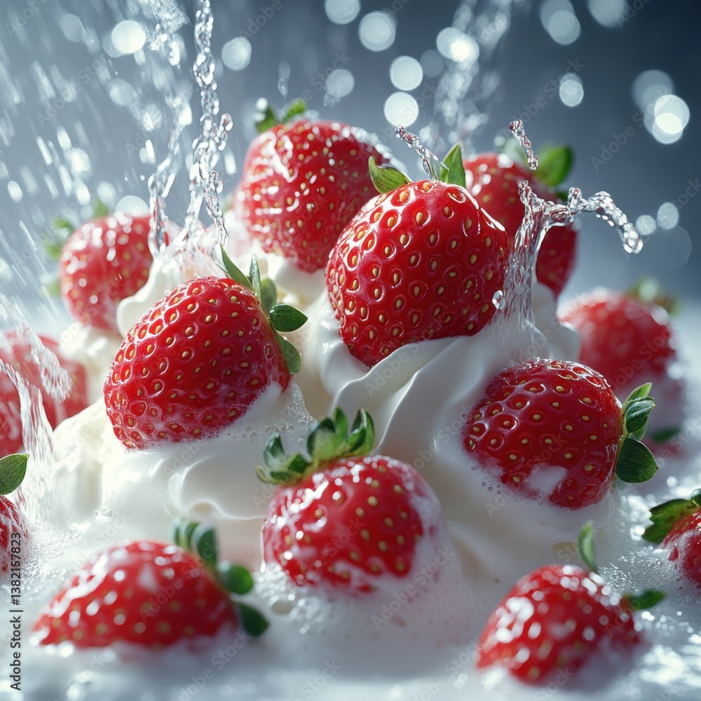 Poster fresh strawberries splashing into whipped cream, creating a delightful and refreshing dessert scene 