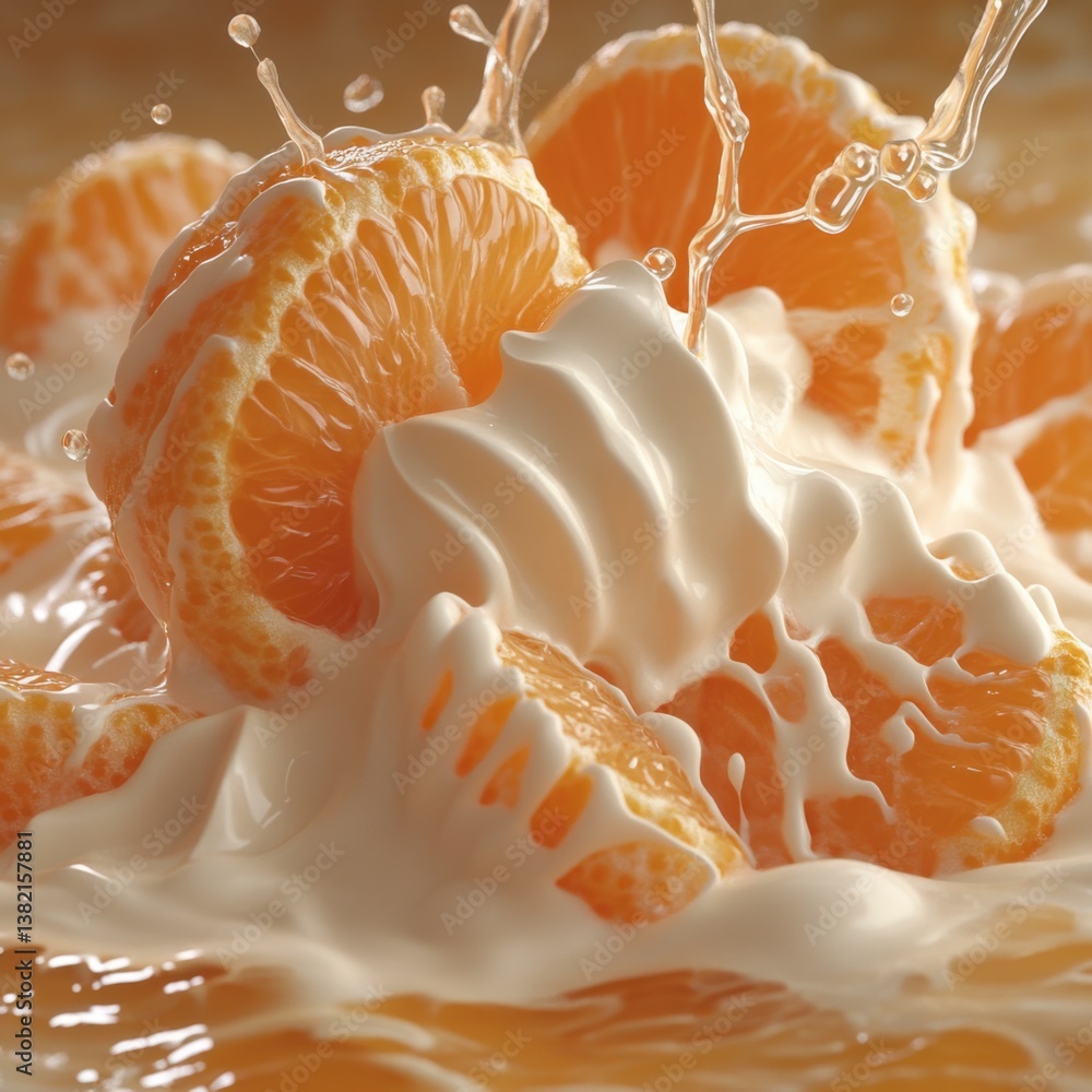 Poster a vibrant splash of orange segments combined with creamy texture, creating a refreshing and appetizi
