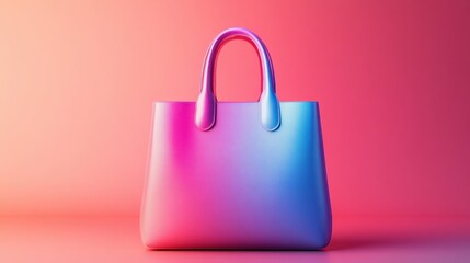 A stylish gradient handbag in pink and blue tones sits against a softly colored background, exuding modern elegance.